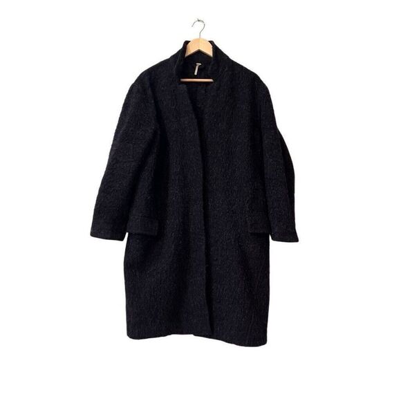 Free People Boiled Wool Blend Coat Size M Knee Length Pocket Navy Cocoon Jacket - Picture 2 of 10